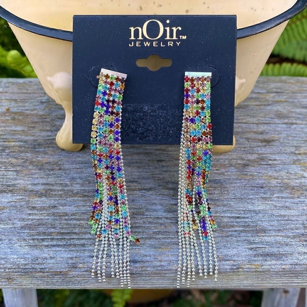 Noir Jewelry Gold and Multi-Colored Rhinestone Fringe Dangle Earrings. NWOT!